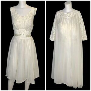 VTG Vanity Fair 60s Ivory Tricot Nylon Lace Chiffon Nightgown Peignoir Set Sz 34